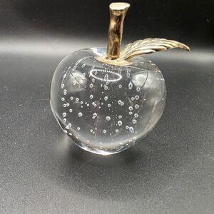 ART GLASS APPLE Controlled Bubbles Clear Brass Stem & Leaf Vintage Paperweight